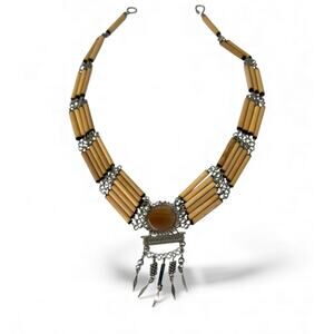 Vintage Peruvian artisan necklace bamboo beads alpaca silver Agate Charms